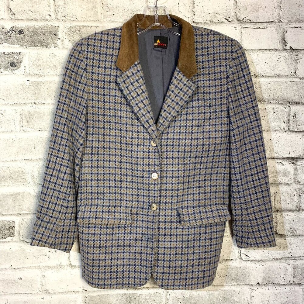 Vintage 90s Lizsport Wool Blend Plaid Tweed Blazer Sport Coat Jacket